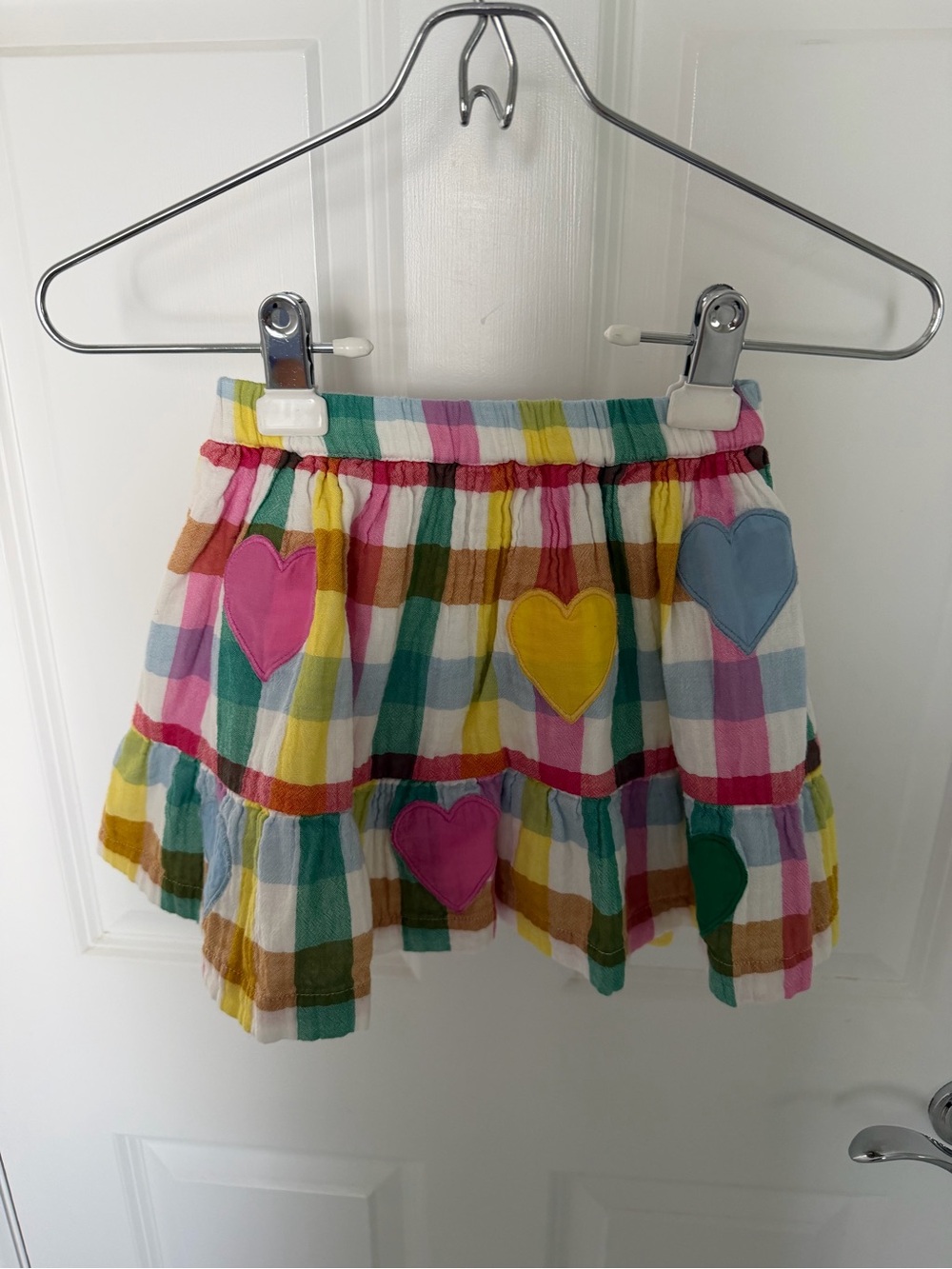 Mini Boden Multicolor Plaid Skirt with Heart Appliqués